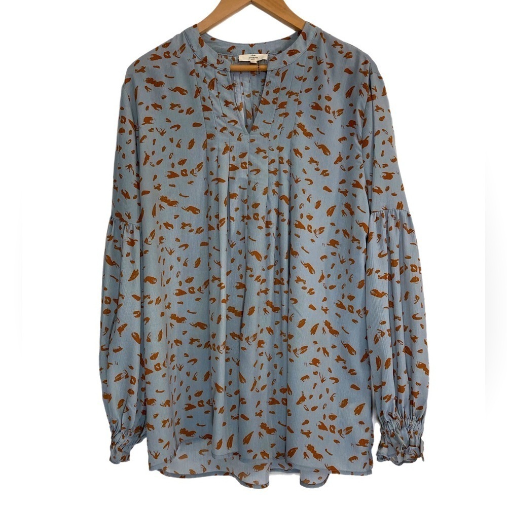 Entro orange & powder blue billowy tunic blouse w/ pleats detail & long sleeves